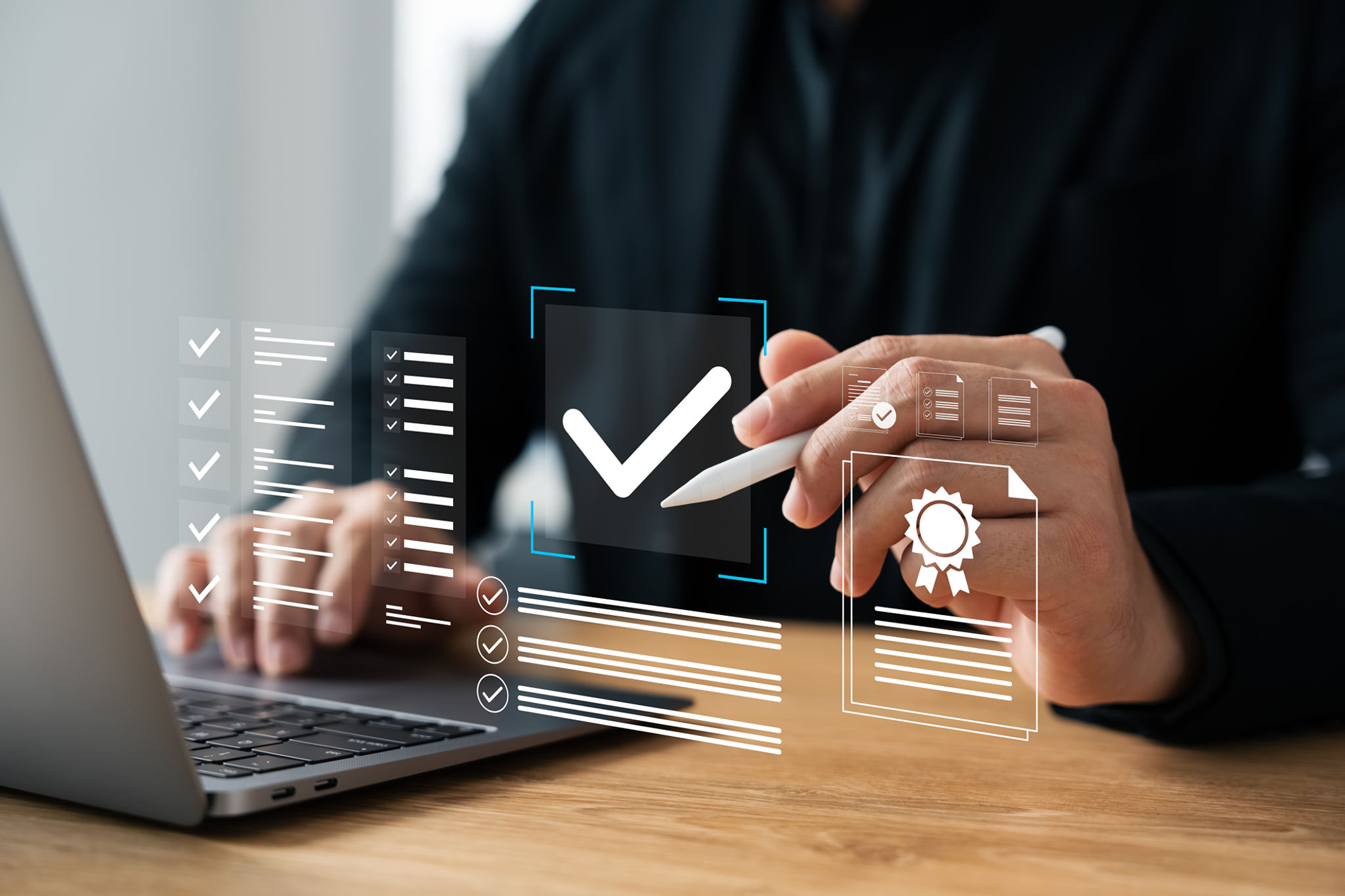 Man interacting with digital checklist on laptop.