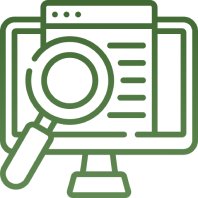 Magnifying glass over computer screen icon.