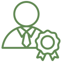 Person icon with award ribbon, green outline.