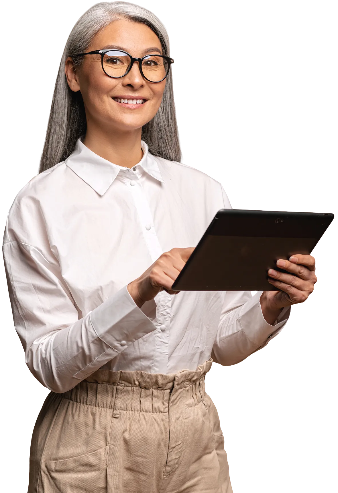 Smiling person using a tablet device.