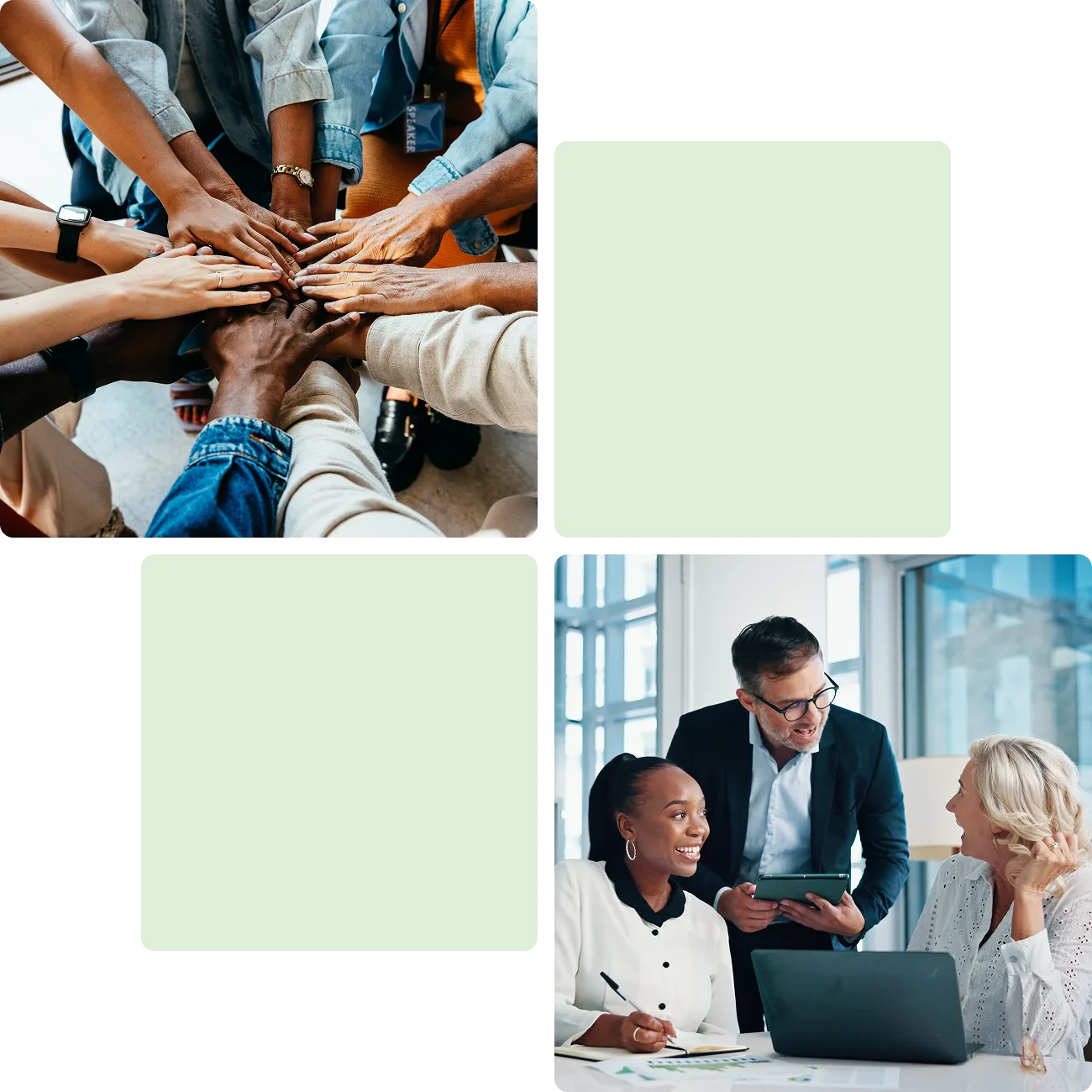 Team collaboration and diverse hands joining together.